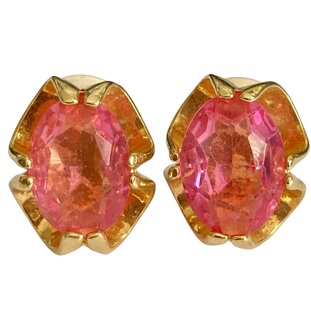 Vintage Pink Glass Clip On Earrings Jeweled Cut Gold Plated Huggie 70's USA